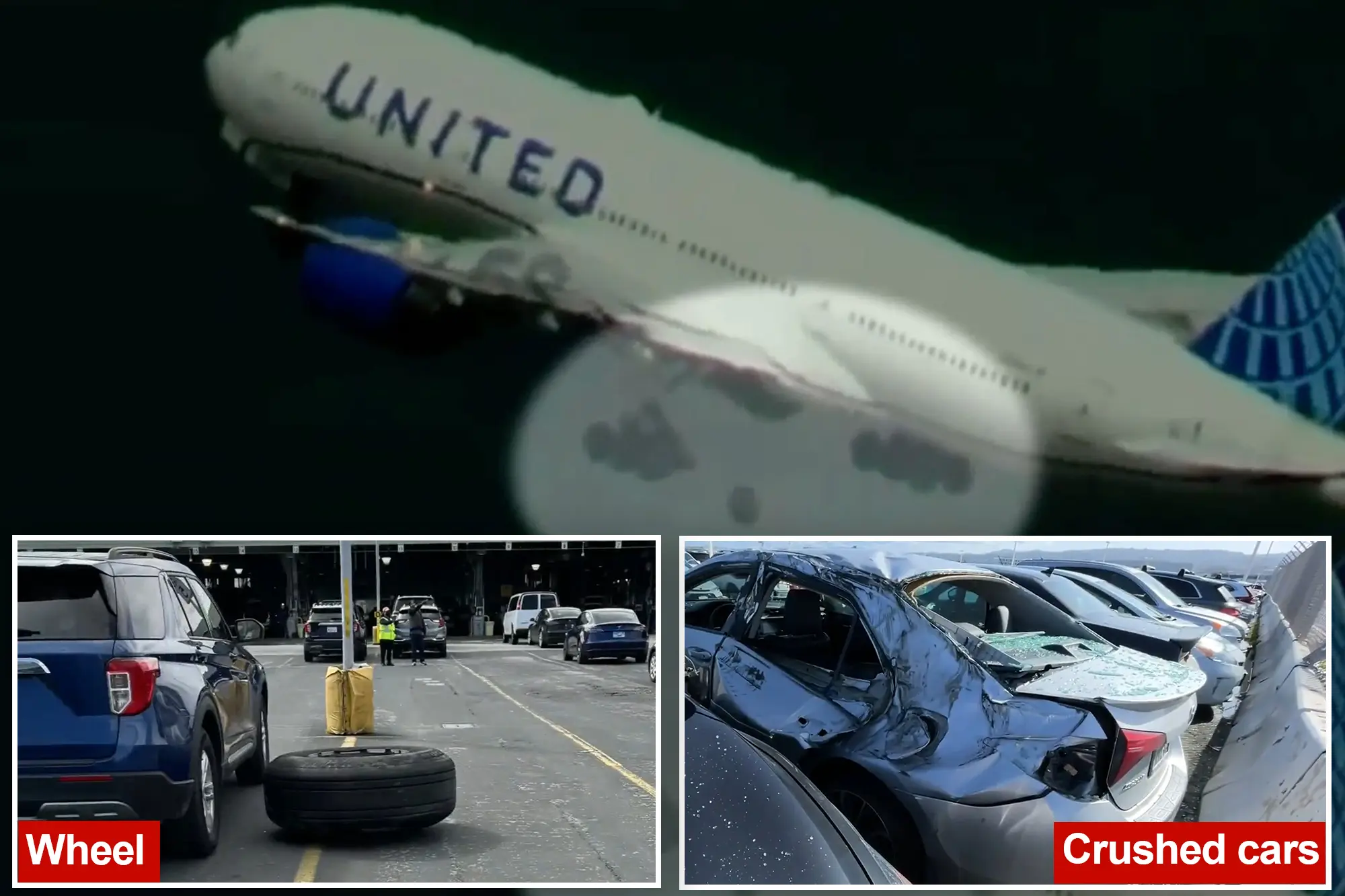 UNITED PLANE TIRE FALLING INTO SFO PARKING LOT