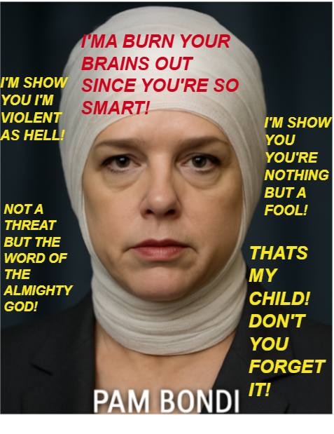 A PAM BONDI NIGHTMARE! YOU THINK YOU’RE SMART? I’M GOING TO SHOW YOU YOU’RE NOTHING BUT A FOOL, AN ARROGANT FOOL! A RAT-A-TAT SQUARE-OFF! I’VE BEEN WAITING FOR A WOMAN LIKE YOU TO DEFY ME! YES, I HAVE! A JEZEBEL NIGHTMARE, AN OUTCOME! YOU’RE ONE IN THE SAME, YOU’RE ONE IN THE SAME, YOU’RE ONE IN THE SAME! I’M GOING TO HAVE THE DOGS EAT YOU ALIVE! Vision: Tommy from Martin, “A brain dog, man a brain dog, I’M GOING TO BURN YOUR BRAINS OUT SINCE YOU’RE SO SMART! 11:25am, I LET INTO HEAVEN WHO I WANT AND I KICK OUT WHO I WANT! NOBODY TELLS ME WHAT TO DO! I’M GOING TO GIVE YOU A BRAIN FART! TAKE ALL THE AIR OUT OF YOUR LUNGS AS YOU TAKE YOUR LAST BREATH! I’M GOING TO SHIFT THE NIGHTMARE TO DC! KILL CONGRESSMEN AND SENATORS TOGETHER 11:26am, 12-9-25, A FORTUNE COOKIE GONE WRONG! A DAMSEL IN DISTRESS!A MILLIMETER OUTCOME! I’M GOING TO TRAVEL TO DC ON MY JET! KILL 2000 PLUS! 11:27pm, 12-9-25, I’M GOING TO TAKE THE WHOLE PLANE AND A SIMILAR PLANE DOWN! 11:28am, 12-9-25, A RAT-A-TAT SQUARE-OFF! Vision: Spinning bowl, carrots inside where olives should have been, olive jar, carrots in dark waters spinning around, 11:29am, I’M GOING TO GET THE NASTY MOUNTAIN IN THE MIDDLE OF NOWHERE! 12:47pm, YOU COMMITTED SUICIDE WHEN YOU CALLED ANOTHER ZOOM CALL ON ME!